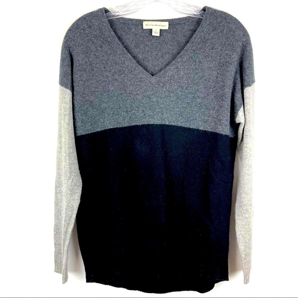 White + Warren cashmere color block sweater v-neck